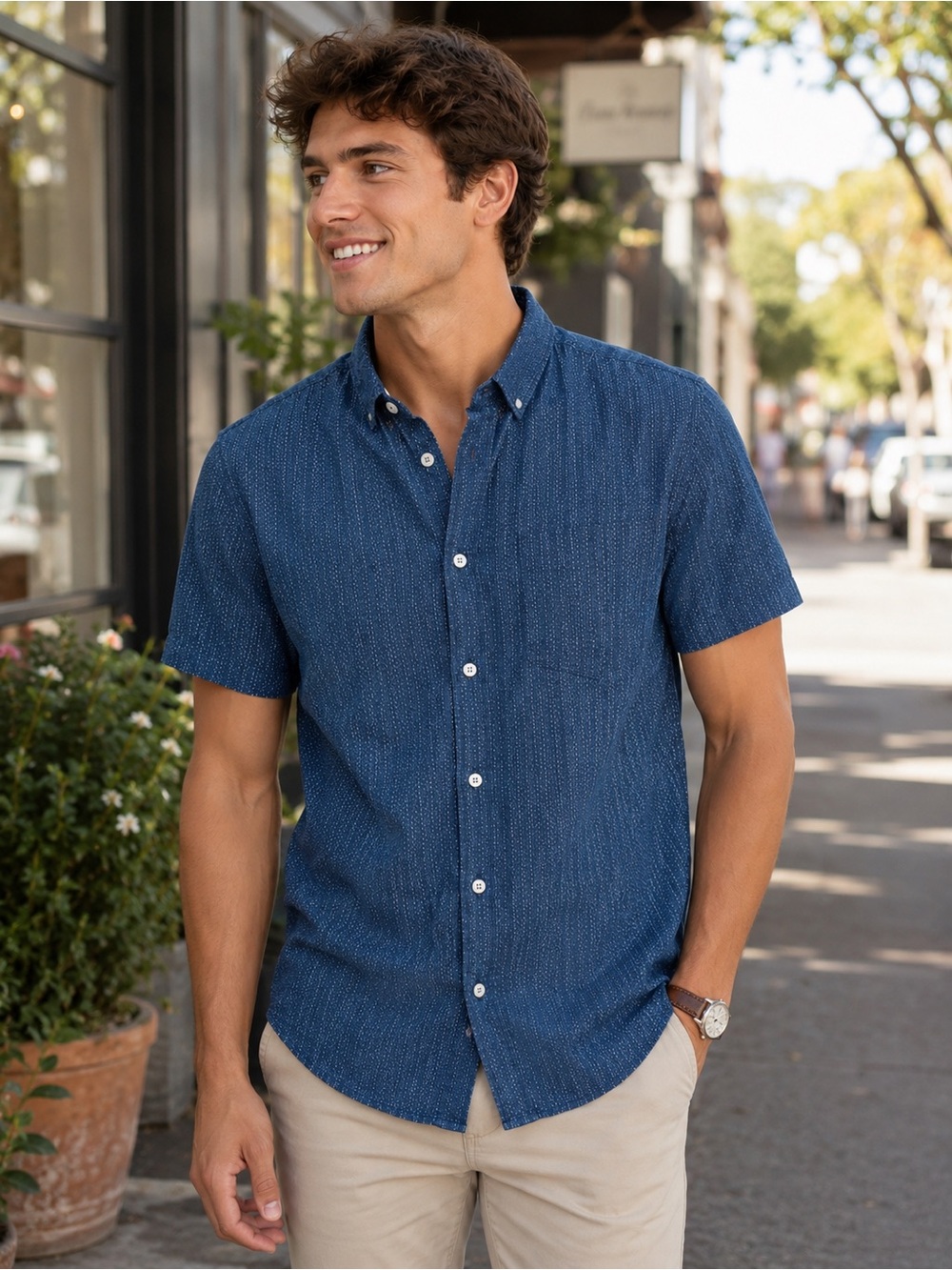 Denim & Flower Cotton Short Sleeve Casual Shirt